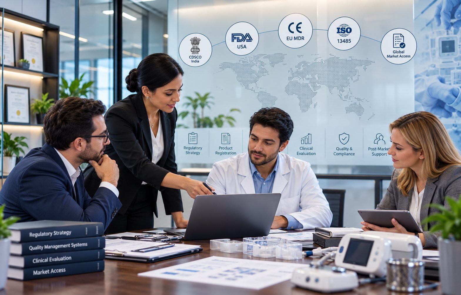 Yuhitech team reviewing a regulatory strategy together, with CDSCO, FDA, CE MDR and ISO 13485 market pathways on the wall